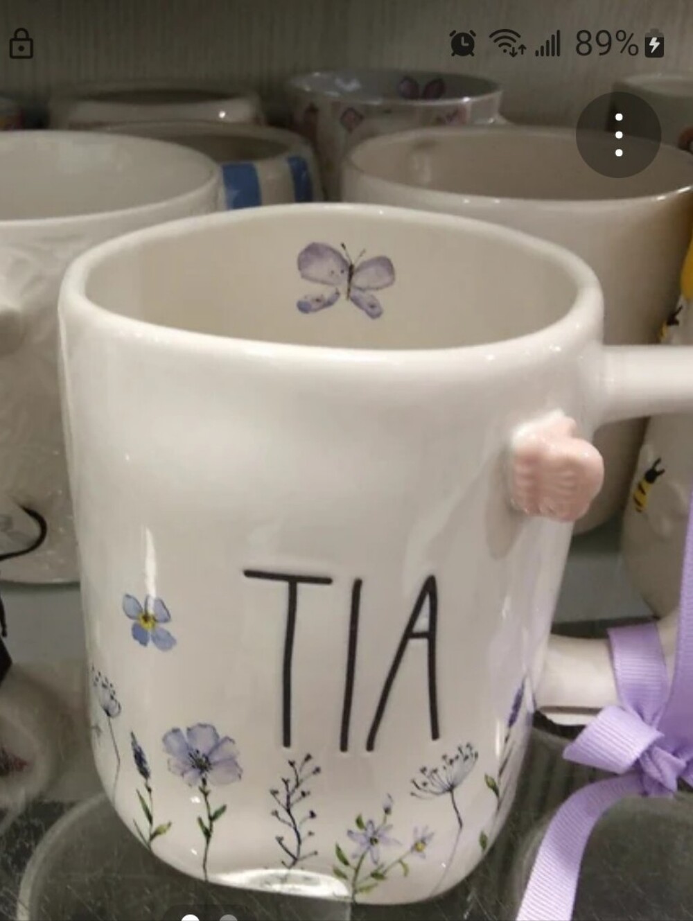 Rae Dunn White Ceramic Floral 'TIA' Mug with Purple Butterfly Accent